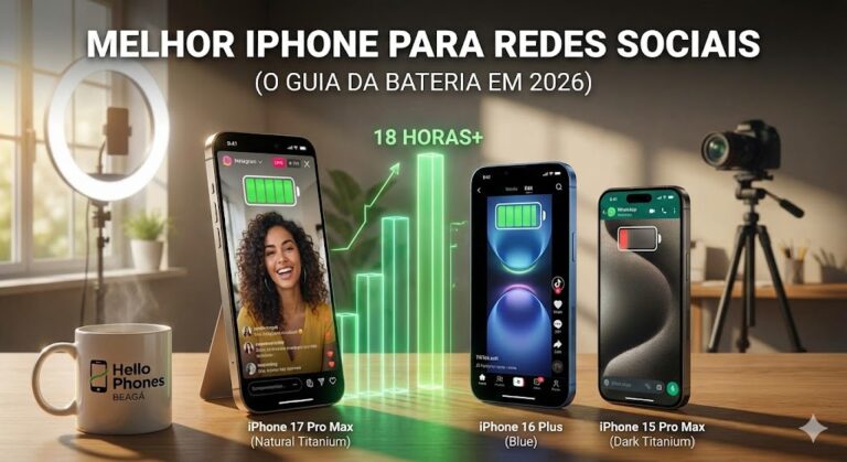Sua bateria não aguenta o ritmo das redes sociais? Descubra qual o melhor iPhone para criadores em 2026. Guia técnico e sincero da Hello Phones Beaga. Confira!