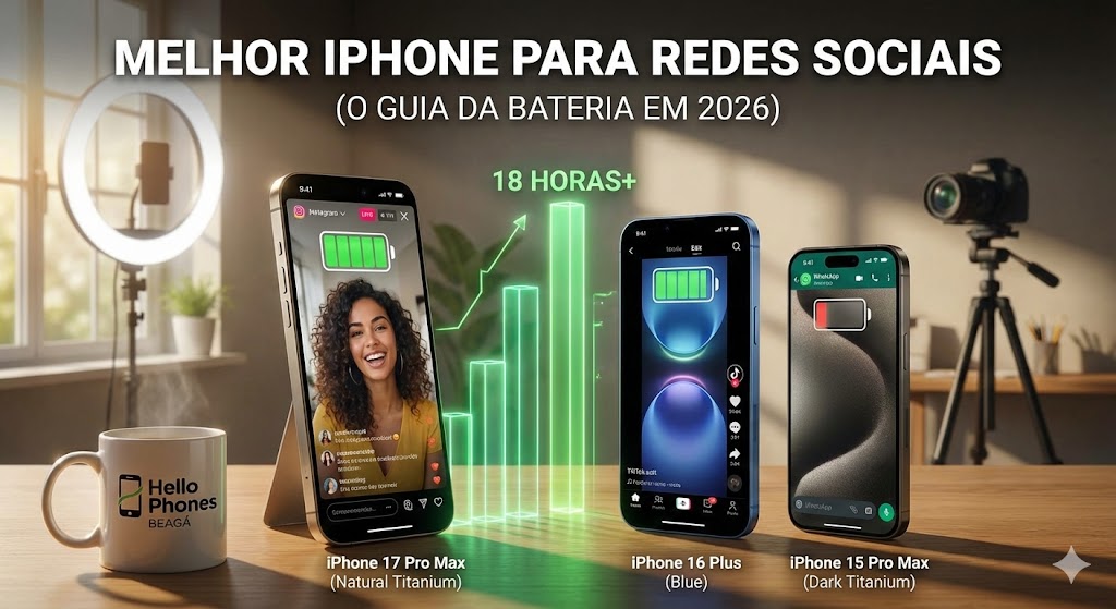 Sua bateria não aguenta o ritmo das redes sociais? Descubra qual o melhor iPhone para criadores em 2026. Guia técnico e sincero da Hello Phones Beaga. Confira!